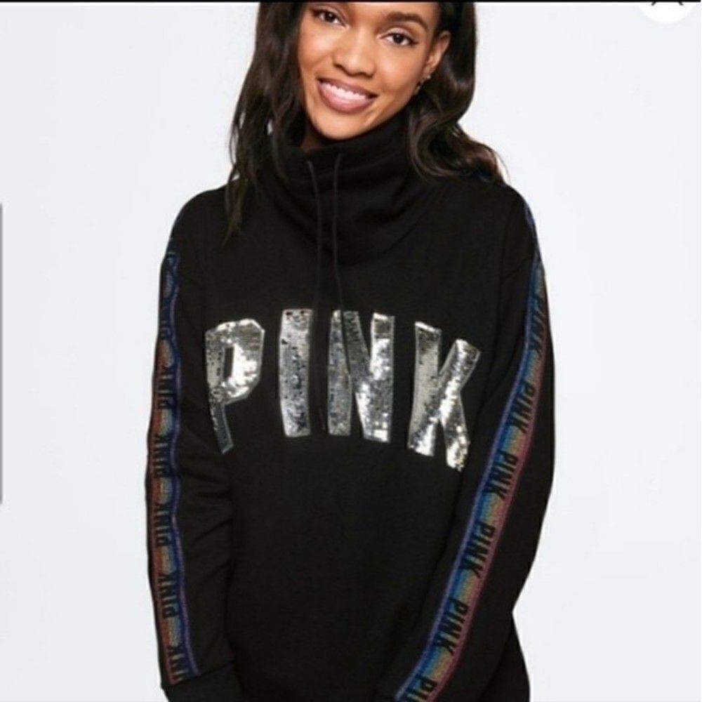 PINK Victoria's Secret Bling Logo Cowl Neck Rainbow Sleeve Sweatshirt Black XS - Picture 2 of 10